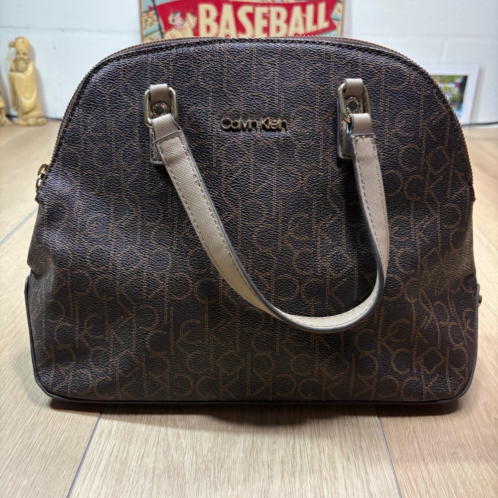 Calvin Klein Brown Monogram Logo Dome Satchel Handbag Gold Hardware